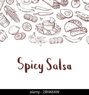 Vektor skizziert mexikanische Lebensmittel-Elemente Hintergrund Stock Vektor