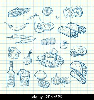 Vektor skizziert mexikanische Lebensmittel-Elemente Hintergrund gesetzt Stock Vektor