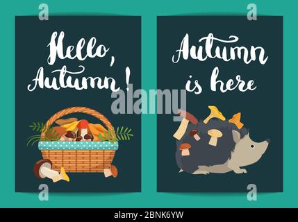 Vektorkarte oder Flyer mit Igel mit Pilzen Stock Vektor