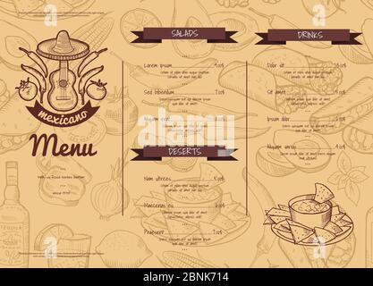 Vector horizontale Restaurant oder Café Vorlage mit skizzierten mexikanischen Lebensmittel-Elemente Stock Vektor