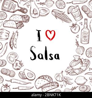 Vektor skizziert mexikanische Lebensmittel-Elemente Hintergrund mit Kreis von leeren Raum in der Mitte Stock Vektor