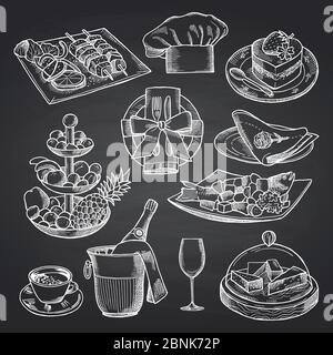 Vector Hand gezeichnet Restaurant oder Zimmerservice Elemente auf schwarzer Tafel Stock Vektor