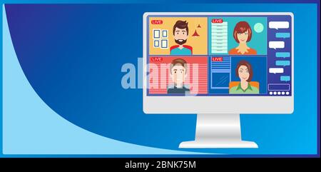 Bleiben Sie und arbeiten Sie von zu Hause aus. Illustration für Videokonferenzen. Arbeitsplatz, Laptop-Bildschirm, Gruppe von Menschen, die über das Internet sprechen. Stream, Online-Treffen mit Freunden, Stock Vektor