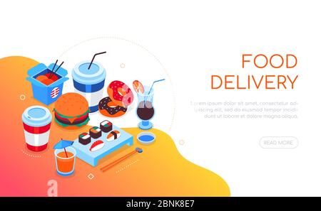 Food Delivery - modernes buntes isometrisches Webbanner Stock Vektor