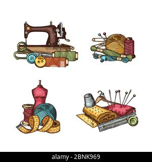 Vektor-Set von Hand gezeichneten Nähte Elemente Stapel Illustration Stock Vektor
