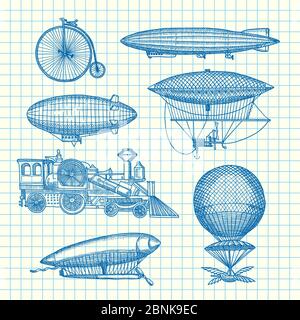 Vektor-Set von Steampunk Hand gezeichnete Dirigibles, Fahrräder und Autos auf Zellblatt Illustration Stock Vektor