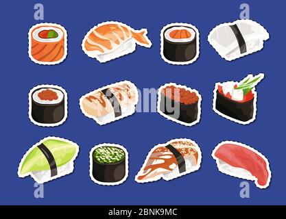 Vektor Cartoon Sushi Aufkleber isoliert gesetzt Stock Vektor