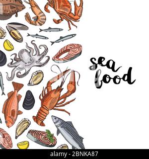 Vektor-Hintergrund Illustration mit handgezeichneten farbigen Meeresfrüchten Elemente und Schriftzug Stock Vektor