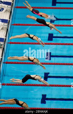 Die 100-Meter-Freestyler der Frauen tauchen am zweiten Tag der London Paralympics 2012 in das olympische Becken ein. China führt die erste Goldmedaille mit 34 Goldmedaillen, während Australien insgesamt 19 und die USA ein entfernter Sechster mit 11 Medaillen. 1. September 2012 © Bob Daemmrich Stockfoto