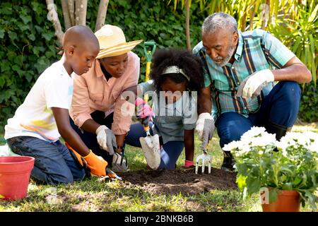 Ältere afroamerikanische Paar mit ihrer Enkelin und Enkel im Garten Stockfoto