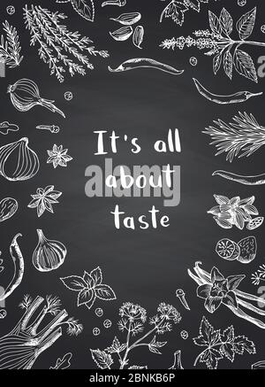 Vektor Hand gezeichnet Kräuter und Gewürze auf schwarzem Kreidetafel Hintergrund mit Platz für Text Illustration Stock Vektor