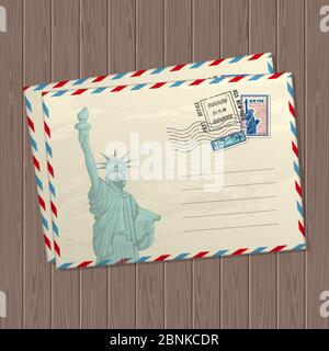 Vektor-Vintage-Stil Buchstaben mit der Statue der Freiheit, Marken und Briefmarken der usa und Platz für Text auf Holztextur Hintergrund Stock Vektor