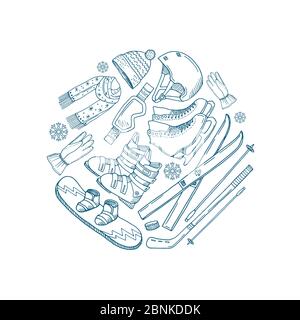 Vektor Hand gezeichnete Wintersport Ausrüstung Kreis Konzept Stock Vektor