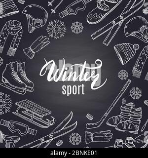 Vektor handgezeichnete Wintersport-Ausrüstung und Attribute auf schwarzer Tafel mit Platz für Text in der Mitte Stock Vektor
