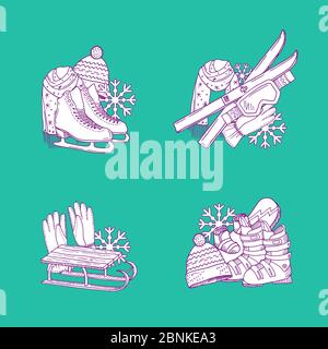 Vector Hand gezeichnete Winter-Sportgeräte Pfähle gesetzt Stock Vektor