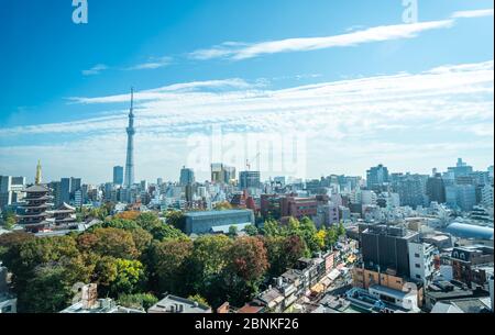 Tokyo skytree, Japan - November 14 2019, Szene mit Touristen in der Nakamise Einkaufsstraße im Sensoji Tempel, beliebte Plätze in Tokio. Stockfoto