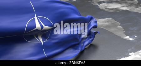 Nordatlantische Vertragsorganisation Flagge, NATO-Zeichen Symbol auf der Erde Globus Karte Hintergrund, Banner. 3d-Darstellung Stockfoto