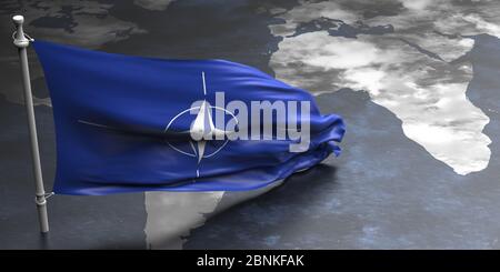 Nordatlantische Vertrag Organisation Flagge, NATO-Zeichen Symbol auf der Erde Globus Karte Hintergrund. 3d-Darstellung Stockfoto