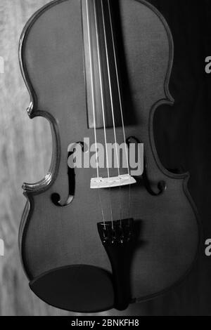 Körper von einem 4 Saiten Fiddle volle Größe schwarz und weiß und texturierten Hintergrund Stockfoto