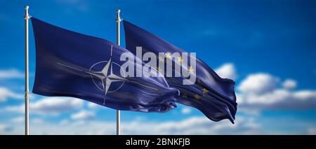 NATO- und EU-Flaggen winken auf blauem Hintergrund, Nordatlantische Vertragsorganisation und EU-Bündnisabkommen, Banner. 3d-Darstellung Stockfoto