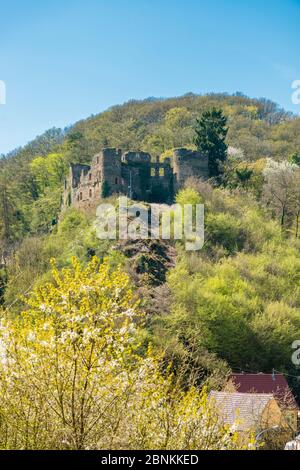 Dalburg bei Dalberg im Gräfenbachtal im Landkreis Bad Kreuznach, eine Spornburg mit einem Grabenstich-Panorama, erbaut von Godebold von Weyersbach, heute Besitzer: Prinz zu Salm-Salm, Stockfoto