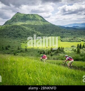 Mountainbike-Singletrail nach Puy Pariou (1209m). Im Hintergrund der 'Puy de Dôme' (1465m), ein vulkanischer Gipfel im Zentralmassiv in Frankreich. Es ist Teil der 'Chaîne des Puys', der 'Bergkette der Puys' mit 80 Vulkanen. Stockfoto