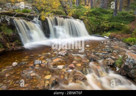 Wasserfall im Herbst, Glenfeshie, Cairngorms National Park, Schottland, Großbritannien, Oktober 2015. Stockfoto