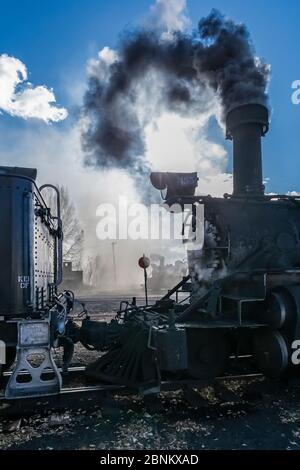 Lokomotiven bereit für den Einsatz am Bahnhof Chama der Cumbres & Toltec Scenic Railroad in Chama, New Mexico, USA Stockfoto