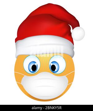 Emoji Emoticon trägt medizinische Maske und Weihnachtsmann Hut. Lustiges Emoticon. Konzept zum Schutz vor Ausbruch des Coronavirus. Frohe Weihnachten. 3d-Darstellung. Stockfoto