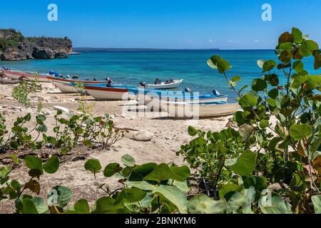 Amerika, Karibik, große Antillen, Dominikanische Republik, Pedernales, Ausflugsboote am Strand der Bahía de las Aguilas Stockfoto