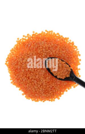 Nahaufnahme der Linse Orange Masoor Dal (Red Chief) auf weißem Hintergrund mit Löffel isoliert. Stockfoto