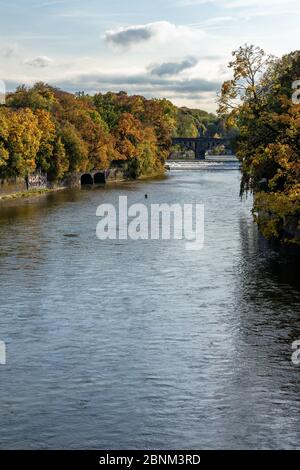 Europa, Deutschland, Bayern, München, Blick von der Luitpoldbrücke auf die herbstliche Isar und die Brücke vor dem Maximilianeum Stockfoto