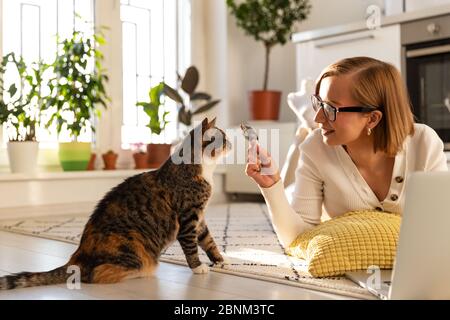 Lächelnde Frau Freelancer liegt auf dem Teppich im Wohnzimmer, spielt mit Katze eine Spielzeugmaus zu Hause, Arbeit auf Laptop während der Sperrung durch Coronavirus. Stockfoto