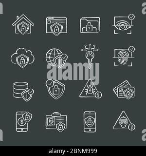 Internet-Sicherheitssystem Kreide weißen Symbolen auf schwarzem Hintergrund gesetzt. Computerschutz. Cybersicherheitstechnologie. Augen- und Fingerabdruckscanner. Isolierte Vektorgrafiken für Kreidetafeln Stock Vektor