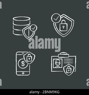 Cybersecurity Kreide weiße Symbole auf schwarzem Hintergrund gesetzt. Schutz der Informationsspeicherung. Sicherheit für Webhosting. Online-Wallet-Sperre. Persönliche ID und Vorhängeschloss. Isolierte Vektorgrafiken für Kreidetafeln Stock Vektor