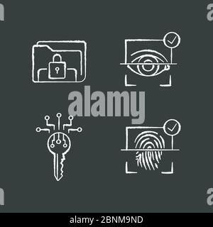 Schutz persönlicher Informationen Kreide weiße Symbole auf schwarzem Hintergrund gesetzt. Internet-Sicherheitssystem. Augen- und Fingerprint-Scanner. Elektronisches Schloss dokumentieren. Isolierte Vektorgrafiken für Kreidetafeln Stock Vektor