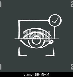 Augenscanner Kreide weißes Symbol auf schwarzem Hintergrund. Überprüfung der Benutzeridentifikation. Autorisierungsvorgang. Digitalschloss. Elektronischer Zugang. Gesichtserkennung. Isolierte Darstellung der Kreidetafel für Vektorgrafiken Stock Vektor
