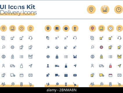 Kit mit Symbolen für die Benutzeroberfläche. Kurierdienst dünne Linie, Glyphe und Farbvektorsymbole gesetzt. Bestellverfolgung. Cargo Verteilung mobile App-Tasten in orange Kreise Pack. Sammlung von Webdesignelementen Stock Vektor