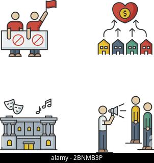 Soziales Leben RGB-Farbe Symbole gesetzt. Schutz der Menschenrechte. Nachbarschaftsentwicklung. Kulturzentrum. Öffentlich-rechtlicher Rundfunk. Sozialer Aktivismus. Freiwilligenarbeit für Hilfe. Isolierte Vektorgrafiken Stock Vektor