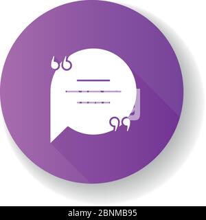 Chat-Blase mit Anführungszeichen violett flaches Design lange Schatten Glyphe Symbol. Leeres Kreisfeld für direkte Sprachausgabe. Leeres Dialogfeld mit Textbereich. Silhouette RGB-Farbdarstellung Stock Vektor