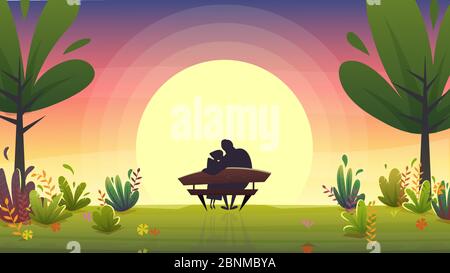 Romantisches Datum im Naturpark gegen den Sonnenuntergang Himmel. Lila rosa Wolken und grünen Sprossen Gras und Bäume im Garten. Cartoon Liebe Datum Stil Vektor Stock Vektor