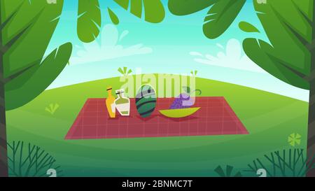 Naturpark Hintergrund. Grünes Gras auf dem Rasenfeld, Sträucher Pflanzen und Blumen, Bäume Landschaft. Comic-Stil Vektor Landschaft Stock Vektor