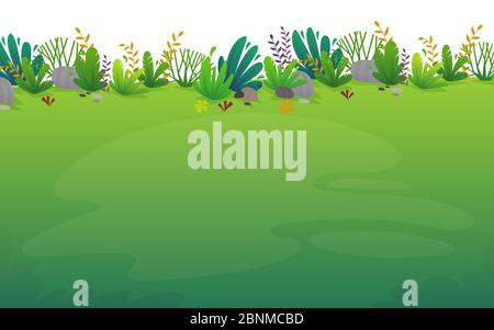 Naturpark Hintergrund. Grünes Gras auf dem Rasenfeld, Sträucher Pflanzen und Blumen, Bäume Landschaft. Comic-Stil Vektor Landschaft Stock Vektor