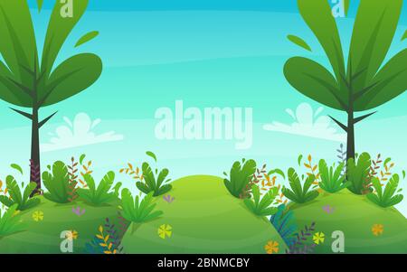 Naturpark Hintergrund. Grünes Gras auf dem Rasenfeld, Sträucher Pflanzen und Blumen, Bäume Landschaft. Comic-Stil Vektor Landschaft Stock Vektor