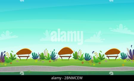 Gehen Sie entlang der Straße im Park. Wanderweg, Bank und grüne Wiese mit Bäumen Natur Landschaft Hintergrund Stock Vektor