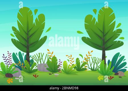 Naturpark Hintergrund. Grünes Gras auf dem Rasenfeld, Sträucher Pflanzen und Blumen, Bäume Landschaft. Comic-Stil Vektor Landschaft Stock Vektor