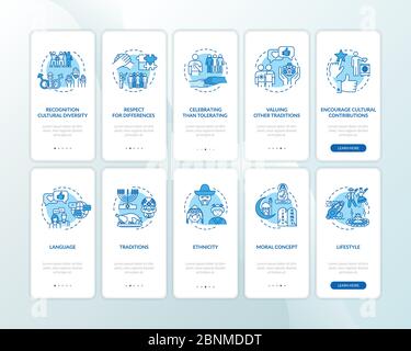 Multi-nationale Unterstützung Onboarding Mobile App Seite Bildschirm Set mit Konzepten. Interracial Einheit walkthrough 5 Schritte grafische Anweisungen. UI-Vektorvorlage mit RGB-Farbabbildungen Stock Vektor