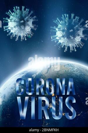 Abstrakte künstlerische 3d-Darstellung für COVID-19 Krankheit auf der globalen Erde Stockfoto