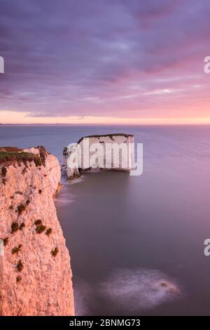 Old Harry Rocks in der Dämmerung, in Richtung der Insel Wight, Studland, Dorset, England, UK. September 2015. Stockfoto