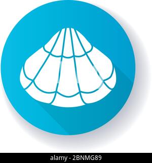 Geschlossene Muschel blau flaches Design lange Schatten Glyphe Symbol. Tropische Muschel, dekoratives Souvenir. Exotische Sealife, Conchologie Oyster cockleshell, Muschel Silhouette RGB-Farbe Illustration Stock Vektor